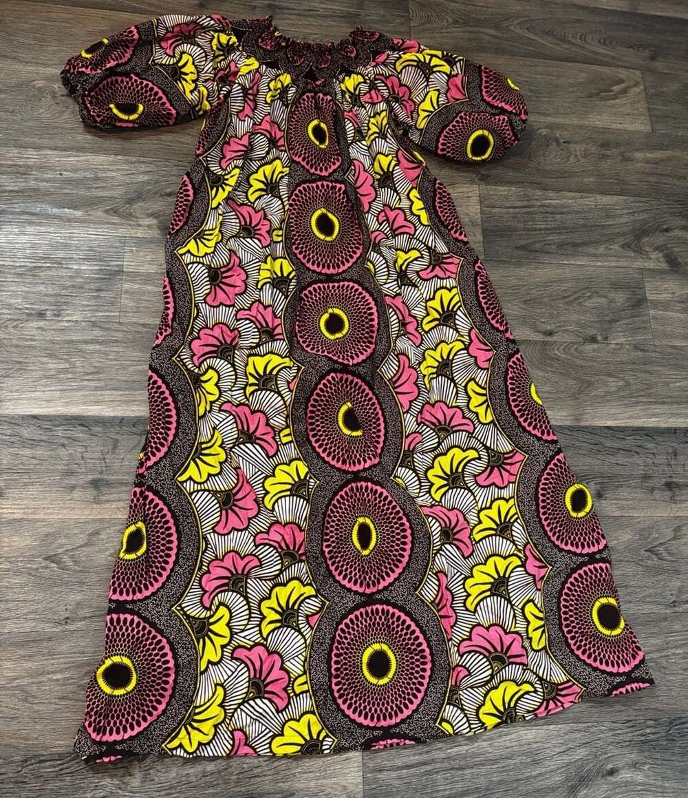 African Ankara Wax Print Pink and Yellow Maxi Dress with Pockets